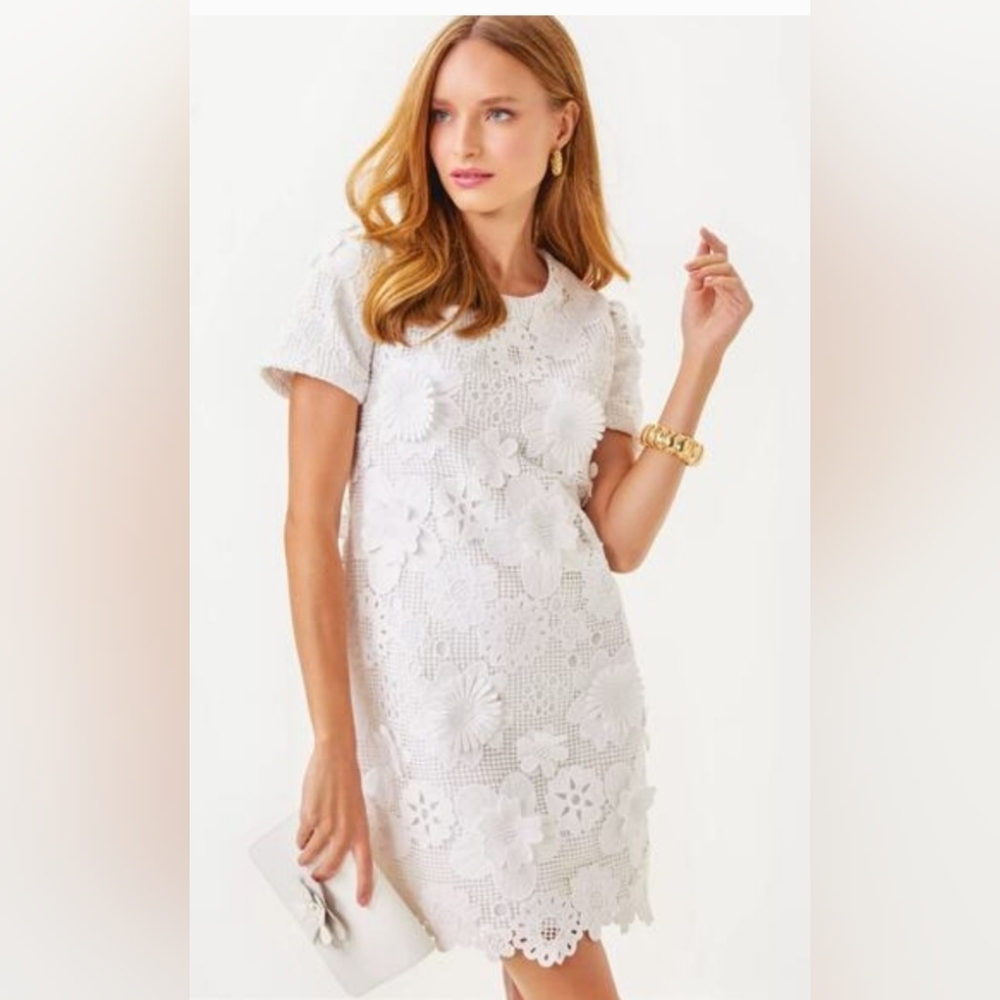 Lilly Pulitzer Malena Lace Dress White 3D Floral Short Sleeve Mini Shift Sz 6‎ N